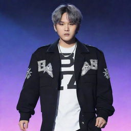 Min Yoongi from BTS dressed as Blitzø from Helluva Boss, merging the K-pop star's characteristic features with the animated character's outfit and style.