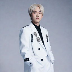 Min Yoongi from BTS dressed as Blitzø from Helluva Boss, merging the K-pop star's characteristic features with the animated character's outfit and style.