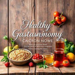 A beautiful book cover design for a healthy gastronomy theme, featuring vibrant and fresh ingredients such as colorful vegetables, fruits, and herbs arranged artfully