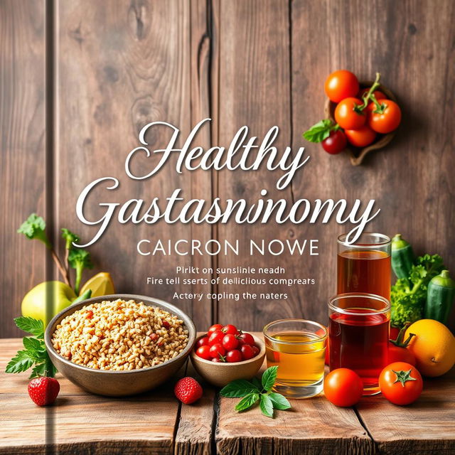 A beautiful book cover design for a healthy gastronomy theme, featuring vibrant and fresh ingredients such as colorful vegetables, fruits, and herbs arranged artfully