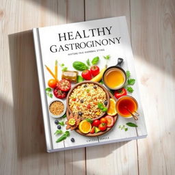 A beautiful book cover design for a healthy gastronomy theme, featuring vibrant and fresh ingredients such as colorful vegetables, fruits, and herbs arranged artfully