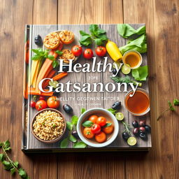 A beautiful book cover design for a healthy gastronomy theme, featuring vibrant and fresh ingredients such as colorful vegetables, fruits, and herbs arranged artfully