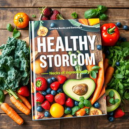 A stunning book cover design focused on healthy gastronomy, showcasing a vibrant and colorful array of fresh ingredients