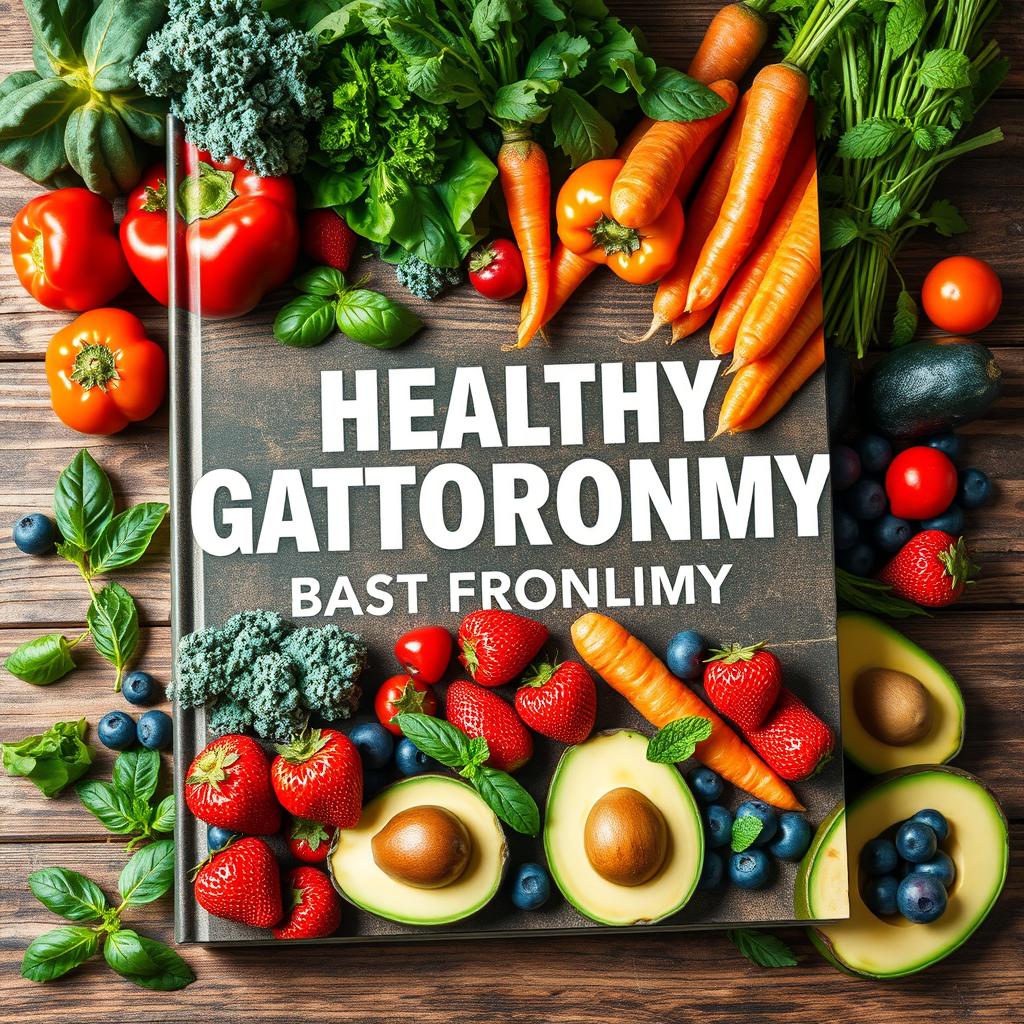 A stunning book cover design focused on healthy gastronomy, showcasing a vibrant and colorful array of fresh ingredients