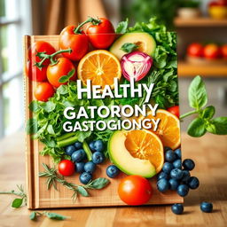 A stunning book cover design focused on healthy gastronomy, featuring an artistic arrangement of fresh, colorful ingredients