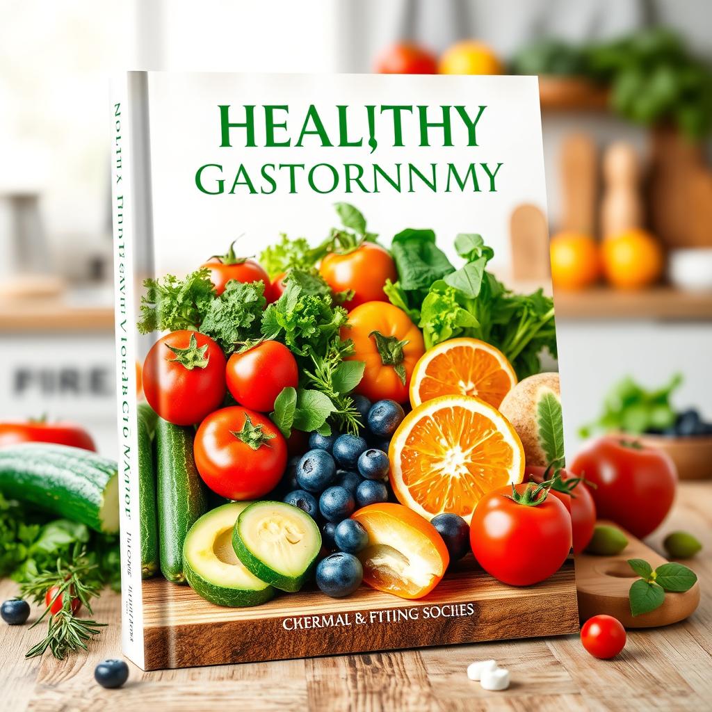 A stunning book cover design focused on healthy gastronomy, featuring an artistic arrangement of fresh, colorful ingredients