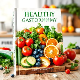 A stunning book cover design focused on healthy gastronomy, featuring an artistic arrangement of fresh, colorful ingredients