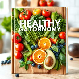 A stunning book cover design focused on healthy gastronomy, featuring an artistic arrangement of fresh, colorful ingredients