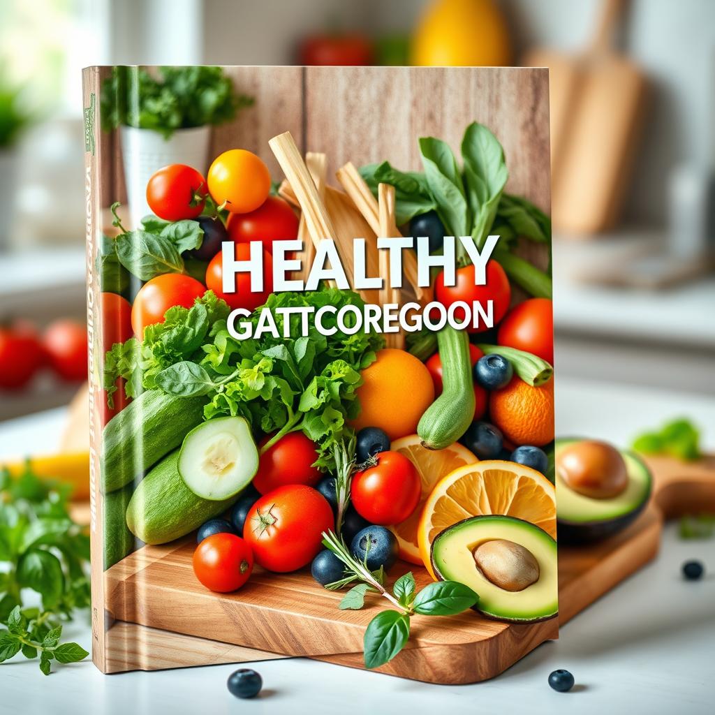 A stunning book cover design focused on healthy gastronomy, featuring an artistic arrangement of fresh, colorful ingredients