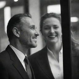 Emotive and heart-tugging grayscale scene of a man looking wistfully from outside, his face framed by the window's dewy glass, as he watches a woman in sophisticated attire laughing in the vibrant atmosphere of an upscale restaurant.