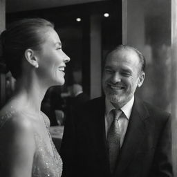 Emotive and heart-tugging grayscale scene of a man looking wistfully from outside, his face framed by the window's dewy glass, as he watches a woman in sophisticated attire laughing in the vibrant atmosphere of an upscale restaurant.