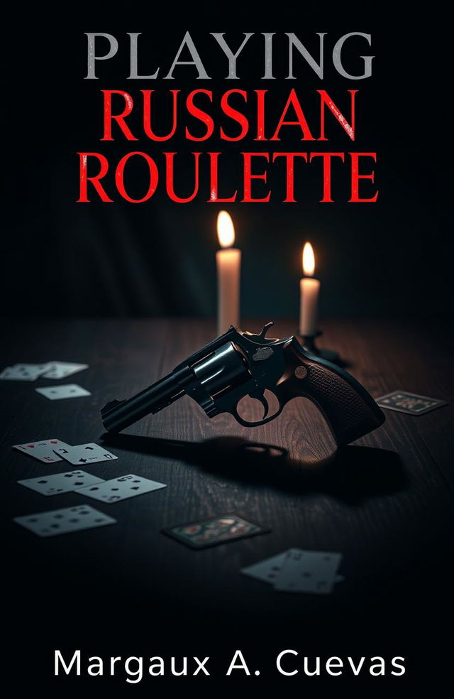 A dramatic and intense book cover design for a novel titled 'Playing Russian Roulette' by Margaux A