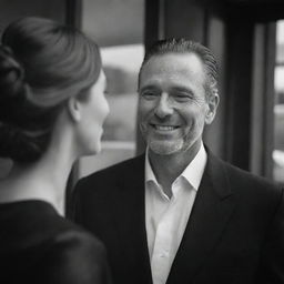 Emotive and heart-tugging grayscale scene of a man looking wistfully from outside, his face framed by the window's dewy glass, as he watches a woman in sophisticated attire laughing in the vibrant atmosphere of an upscale restaurant.