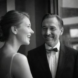 Emotive and heart-tugging grayscale scene of a man looking wistfully from outside, his face framed by the window's dewy glass, as he watches a woman in sophisticated attire laughing in the vibrant atmosphere of an upscale restaurant.