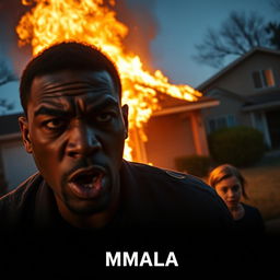 A tense scene from a dramatic film titled 'MMALA,' depicting a black man in a fit of rage burning down a house