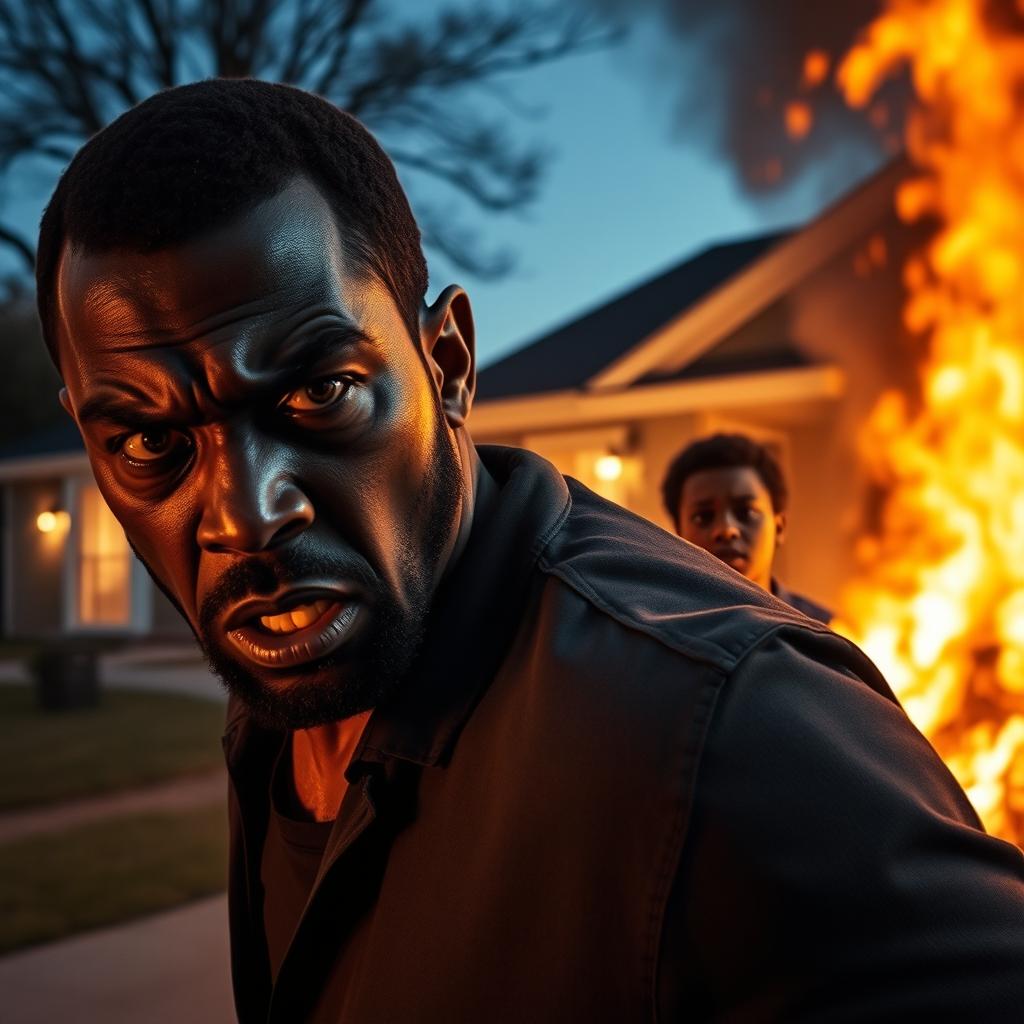 A tense scene from a dramatic film titled 'MMALA,' depicting a black man in a fit of rage burning down a house