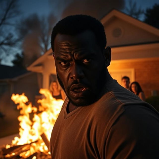 A tense scene from a dramatic film titled 'MMALA,' depicting a black man in a fit of rage burning down a house