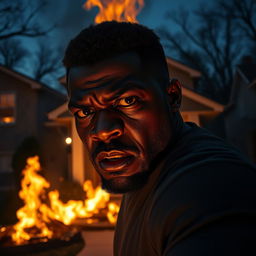 A tense scene from a dramatic film titled 'MMALA,' depicting a black man in a fit of rage burning down a house