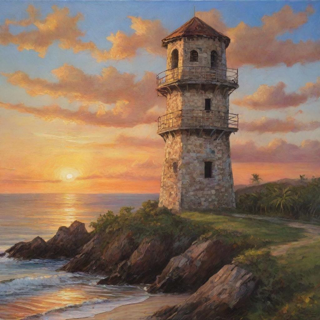 A beautifully detailed oil painting of the historic Punta Cruz Watchtower overlooking a serene seaside sunset. The golden hues of the setting sun paint the sky, while the worn, aged stone of the watchtower stands tall and proud.