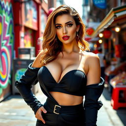 A confident and glamorous woman with large breasts, dressed in a stylish and eye-catching outfit that highlights her curves