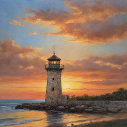 A beautifully detailed oil painting of the historic Punta Cruz Watchtower overlooking a serene seaside sunset. The golden hues of the setting sun paint the sky, while the worn, aged stone of the watchtower stands tall and proud.