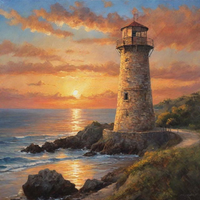 A beautifully detailed oil painting of the historic Punta Cruz Watchtower overlooking a serene seaside sunset. The golden hues of the setting sun paint the sky, while the worn, aged stone of the watchtower stands tall and proud.