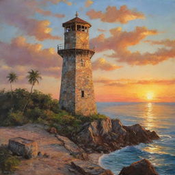 A beautifully detailed oil painting of the historic Punta Cruz Watchtower overlooking a serene seaside sunset. The golden hues of the setting sun paint the sky, while the worn, aged stone of the watchtower stands tall and proud.