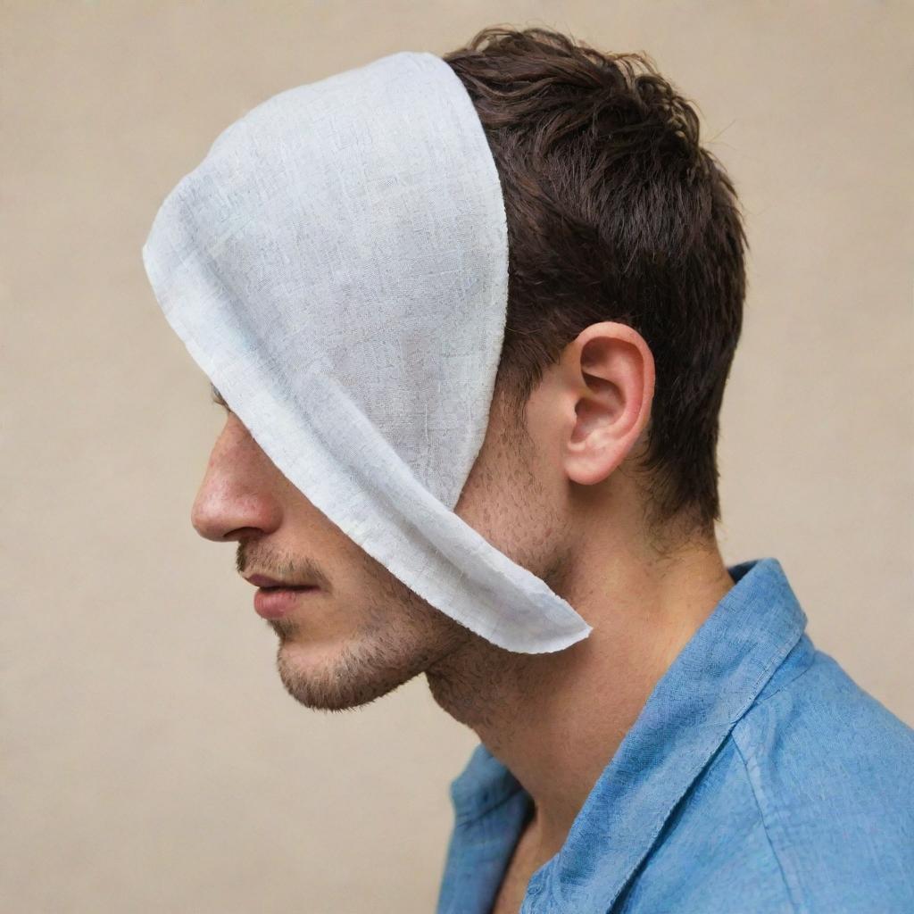 Profile of a young man with his eyes covered by a piece of cloth for a novel cover