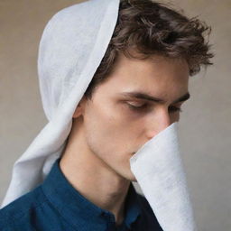 Profile of a young man with his eyes covered by a piece of cloth for a novel cover