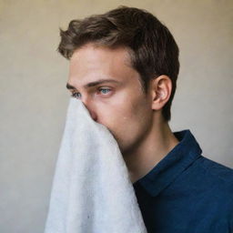 Profile of a young man with his eyes covered by a piece of cloth for a novel cover