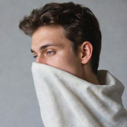 Profile of a young man with his eyes covered by a piece of cloth for a novel cover