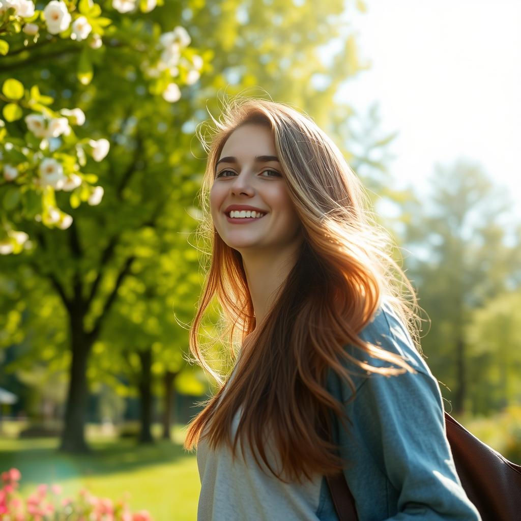 A beautiful 25-year-old woman with a non-model look, enjoying a peaceful day in a vibrant park