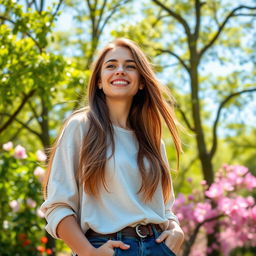 A beautiful 25-year-old woman with a non-model look, enjoying a peaceful day in a vibrant park