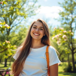 A beautiful 25-year-old woman with a non-model look, enjoying a peaceful day in a vibrant park