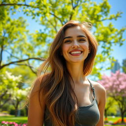 A beautiful 25-year-old woman with a non-model look, enjoying a peaceful day in a vibrant park