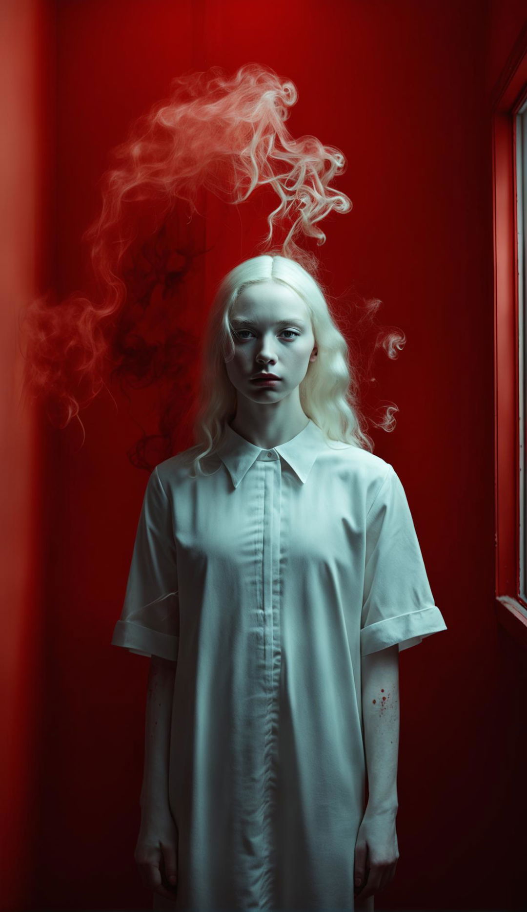 Albino teenage girl in white shift dress in a windowless minimalist red room filled with smoke. Raw, unedited 16k photograph capturing side view of symmetrical facial features under low light.