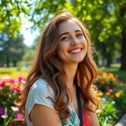 A beautiful 25-year-old woman with a non-model appearance, enjoying a serene moment in a lush park