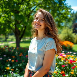 A beautiful 25-year-old woman with a non-model appearance, enjoying a serene moment in a lush park