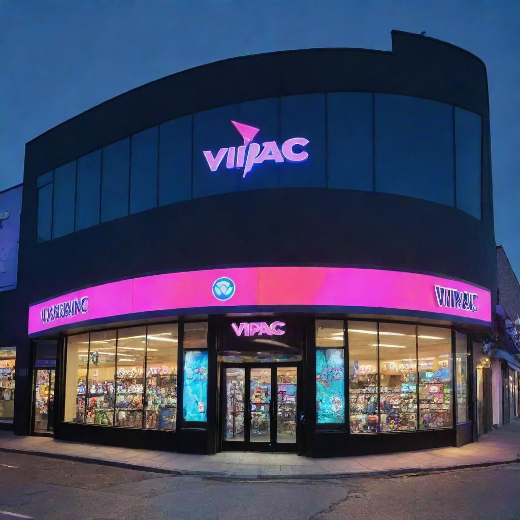 A visually striking exterior of 'Vipac' gaming store, with vibrant lighting, large windows showcasing gaming gear, and the 'Vipac' logo prominently displayed.