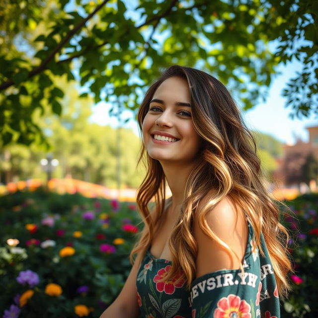 A beautiful 25-year-old woman with a non-model appearance, enjoying a serene moment in a lush park