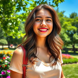 A beautiful 25-year-old woman with a non-model appearance, enjoying a serene moment in a lush park