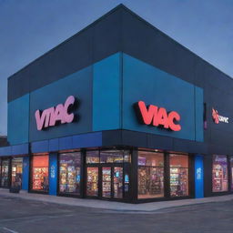 A visually striking exterior of 'Vipac' gaming store, with vibrant lighting, large windows showcasing gaming gear, and the 'Vipac' logo prominently displayed.