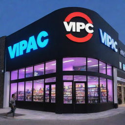 A visually striking exterior of 'Vipac' gaming store, with vibrant lighting, large windows showcasing gaming gear, and the 'Vipac' logo prominently displayed.