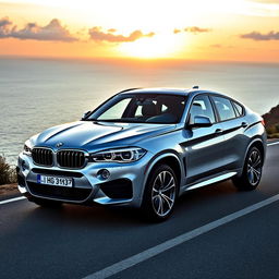 A sleek BMW X6 xDrive40d, elegantly positioned on a picturesque coastal road with stunning ocean views