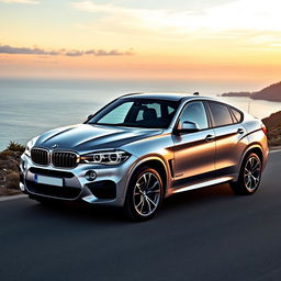 A sleek BMW X6 xDrive40d, elegantly positioned on a picturesque coastal road with stunning ocean views