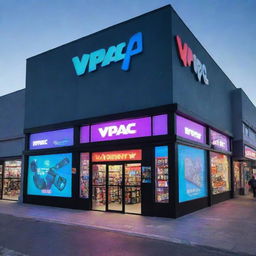 A visually striking exterior of 'Vipac' gaming store, with vibrant lighting, large windows showcasing gaming gear, and the 'Vipac' logo prominently displayed.