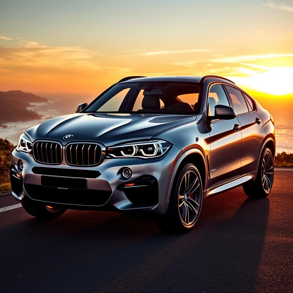 A sleek BMW X6 xDrive40d, elegantly positioned on a picturesque coastal road with stunning ocean views