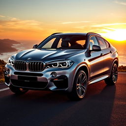 A sleek BMW X6 xDrive40d, elegantly positioned on a picturesque coastal road with stunning ocean views