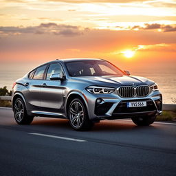 A sleek BMW X6 xDrive40d, elegantly positioned on a picturesque coastal road with stunning ocean views