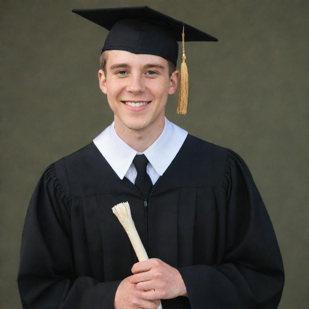 A happy young man with Caucasian features, wearing a black graduation gown and a mortarboard cap with a white tassel, holding a diploma, with a background signifying a graduation event.